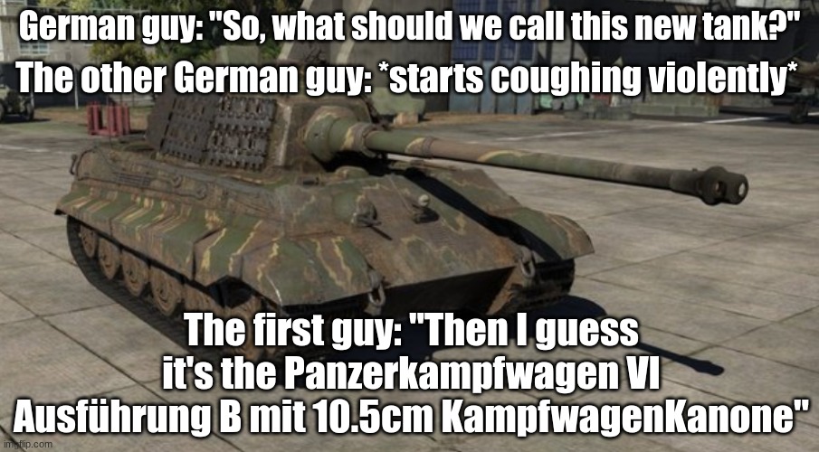 Extremely long name | The other German guy: *starts coughing violently*; German guy: "So, what should we call this new tank?"; The first guy: "Then I guess it's the Panzerkampfwagen VI Ausführung B mit 10.5cm KampfwagenKanone" | image tagged in panzerkampfwagen vi ausf hrung b mit 10 5cm kampfwagenkanone | made w/ Imgflip meme maker