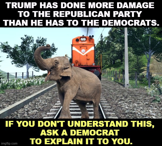 Republican elephant gets run over by a Democratic train | TRUMP HAS DONE MORE DAMAGE 
TO THE REPUBLICAN PARTY 
THAN HE HAS TO THE DEMOCRATS. IF YOU DON'T UNDERSTAND THIS, 
ASK A DEMOCRAT 
TO EXPLAIN IT TO YOU. | image tagged in republican elephant gets run over by a democratic train,trump,destroy,republican party,democrats,happy | made w/ Imgflip meme maker
