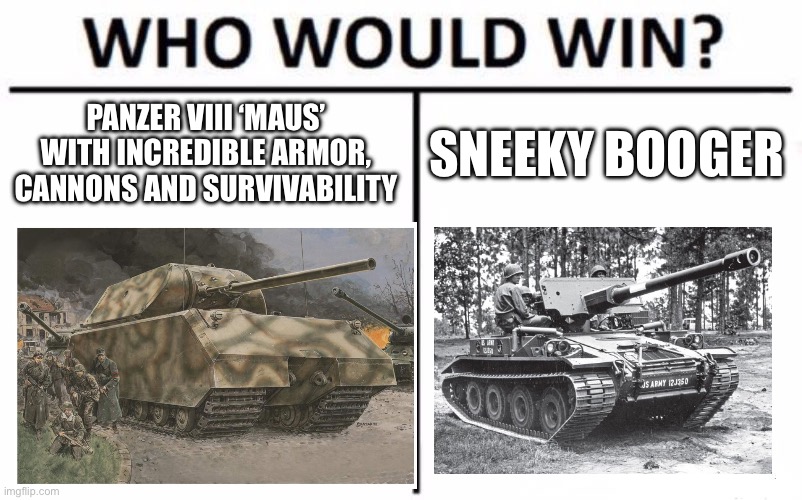 Fr | PANZER VIII ‘MAUS’ WITH INCREDIBLE ARMOR, CANNONS AND SURVIVABILITY; SNEEKY BOOGER | image tagged in memes,who would win | made w/ Imgflip meme maker