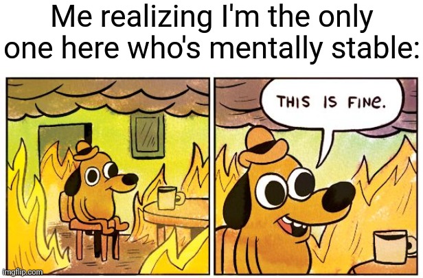 0_0 | Me realizing I'm the only one here who's mentally stable: | image tagged in memes,this is fine | made w/ Imgflip meme maker