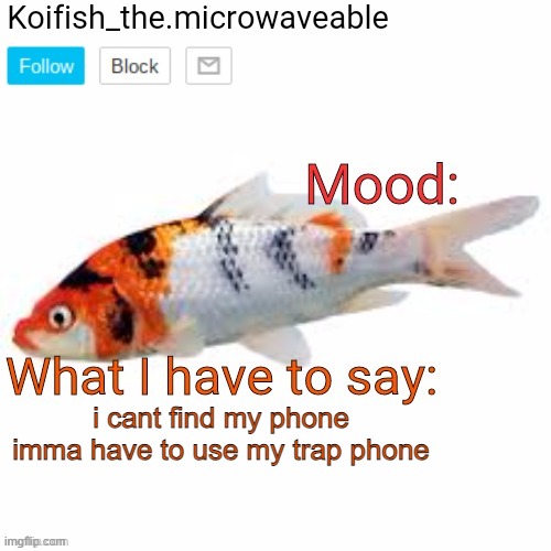 Koifish_the.microwaveable announcement | i cant find my phone

imma have to use my trap phone | image tagged in koifish_the microwaveable announcement | made w/ Imgflip meme maker