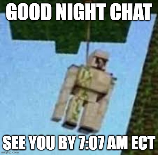 Iron Golem hanging | GOOD NIGHT CHAT; SEE YOU BY 7:07 AM ECT | image tagged in iron golem hanging | made w/ Imgflip meme maker