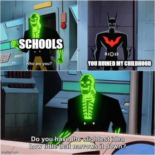 Do You Have the Slightest Idea How Little That Narrows It Down? | SCHOOLS; YOU RUINED MY CHILDHOOD | image tagged in do you have the slightest idea how little that narrows it down | made w/ Imgflip meme maker
