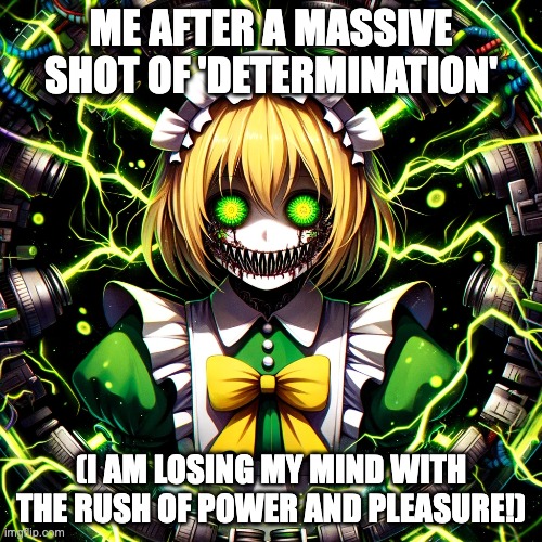 ME AFTER A MASSIVE SHOT OF 'DETERMINATION'; (I AM LOSING MY MIND WITH THE RUSH OF POWER AND PLEASURE!) | image tagged in determination,flowey chan,funny,flowey,psychonaut,undertale | made w/ Imgflip meme maker