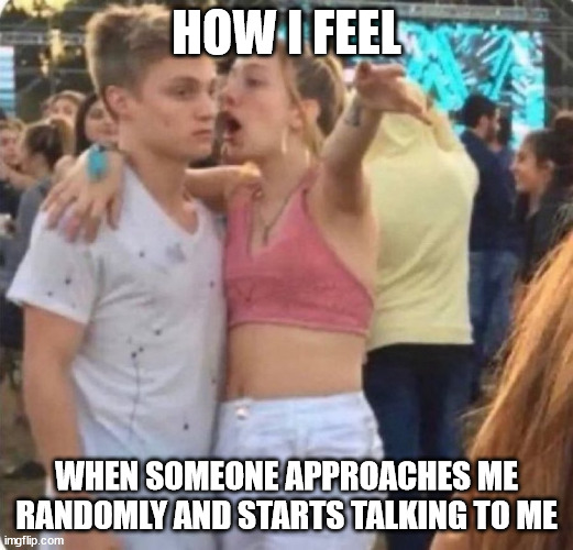 Im really inroverted | HOW I FEEL; WHEN SOMEONE APPROACHES ME RANDOMLY AND STARTS TALKING TO ME | image tagged in introvert memes,memes for introverts | made w/ Imgflip meme maker