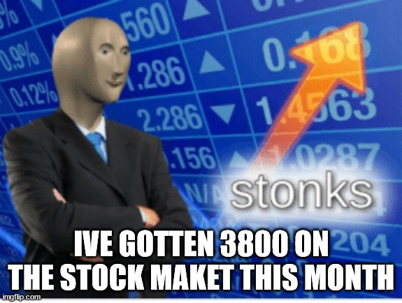 No one asked, i know | IVE GOTTEN 3800 ON THE STOCK MAKET THIS MONTH | image tagged in stoinks | made w/ Imgflip meme maker