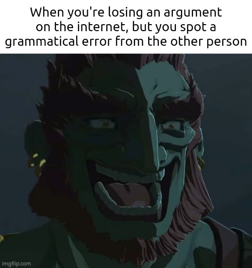 It's my Turn now. >:) | When you're losing an argument on the internet, but you spot a grammatical error from the other person | image tagged in troll ganondorf,memes,funny,argument,error | made w/ Imgflip meme maker