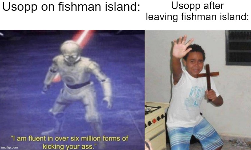 After a long break i finally reached Punk Hazard arc | Usopp on fishman island:; Usopp after leaving fishman island: | image tagged in i am fluent in over six million forms of kicking your ass,memes,one piece,scared kid holding a cross | made w/ Imgflip meme maker