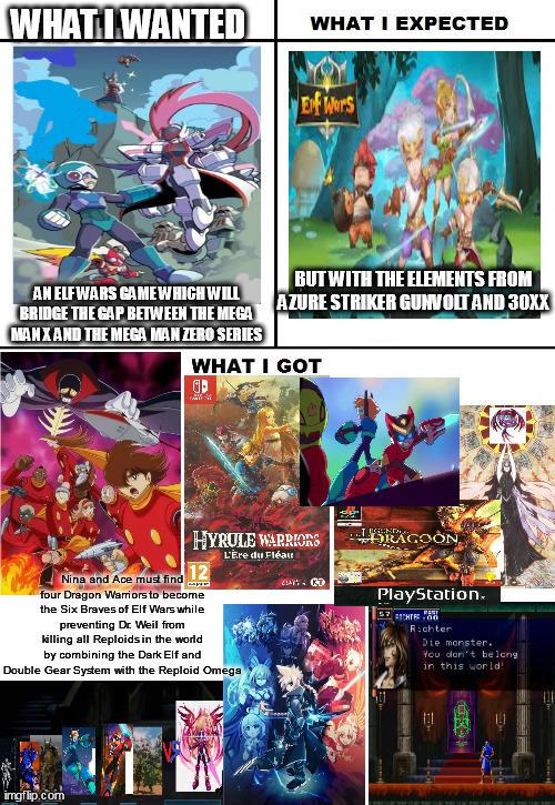 What I expected an Elf Wars game, got the mashup of 30XX and Gunvolt with extra Dragoons (Fixed version) | WHAT I WANTED; BUT WITH THE ELEMENTS FROM AZURE STRIKER GUNVOLT AND 30XX; AN ELF WARS GAME WHICH WILL BRIDGE THE GAP BETWEEN THE MEGA MAN X AND THE MEGA MAN ZERO SERIES; Nina and Ace must find four Dragon Warriors to become the Six Braves of Elf Wars while preventing Dr. Weil from killing all Reploids in the world by combining the Dark Elf and Double Gear System with the Reploid Omega | image tagged in what i watched/ what i expected/ what i got,megaman zero,azure striker gunvolt,megaman x,castlevania,dragoon | made w/ Imgflip meme maker