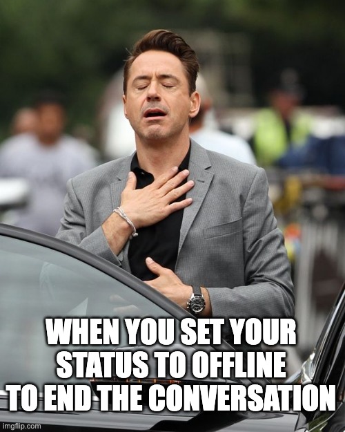 solitude | WHEN YOU SET YOUR STATUS TO OFFLINE TO END THE CONVERSATION | image tagged in robert downey jr | made w/ Imgflip meme maker
