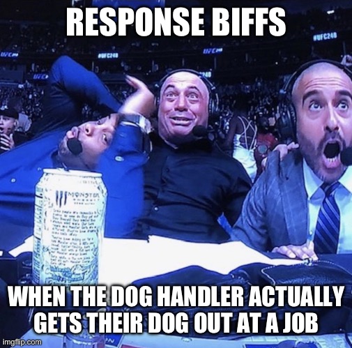 UFC flip out | RESPONSE BIFFS; WHEN THE DOG HANDLER ACTUALLY GETS THEIR DOG OUT AT A JOB | image tagged in ufc flip out | made w/ Imgflip meme maker