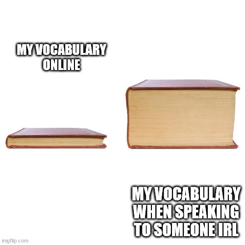 small big book | MY VOCABULARY ONLINE; MY VOCABULARY WHEN SPEAKING TO SOMEONE IRL | image tagged in small big book | made w/ Imgflip meme maker