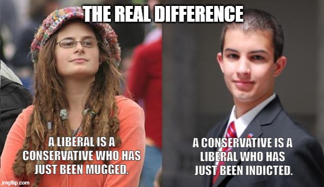 The Real Difference | THE REAL DIFFERENCE; A CONSERVATIVE IS A 
LIBERAL WHO HAS 
JUST BEEN INDICTED. A LIBERAL IS A
CONSERVATIVE WHO HAS
JUST BEEN MUGGED. | image tagged in liberal vs conservative | made w/ Imgflip meme maker