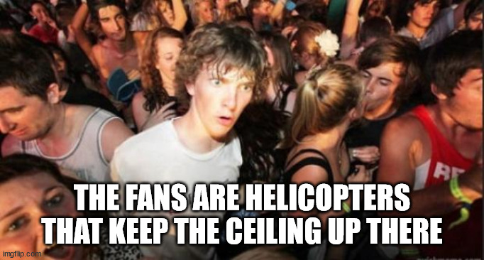 Sudden Realisation Studenr | THE FANS ARE HELICOPTERS THAT KEEP THE CEILING UP THERE | image tagged in sudden realisation studenr | made w/ Imgflip meme maker