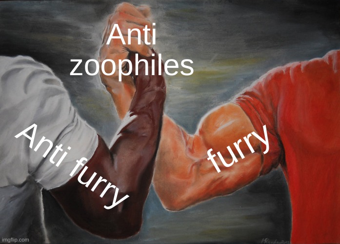 Furry X Anti Furry | Anti zoophiles; furry; Anti furry | image tagged in memes,epic handshake | made w/ Imgflip meme maker