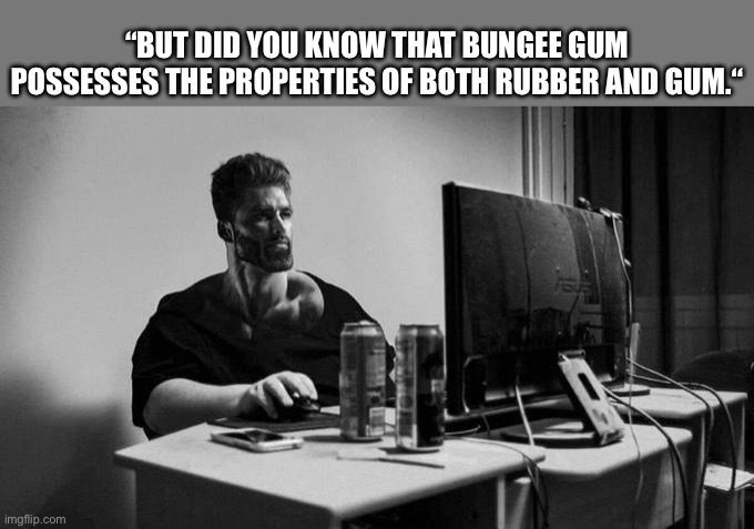 Gigachad On The Computer | “BUT DID YOU KNOW THAT BUNGEE GUM POSSESSES THE PROPERTIES OF BOTH RUBBER AND GUM.“ | image tagged in gigachad on the computer,memes,hunter x hunter,animeme,anime meme,shitpost | made w/ Imgflip meme maker