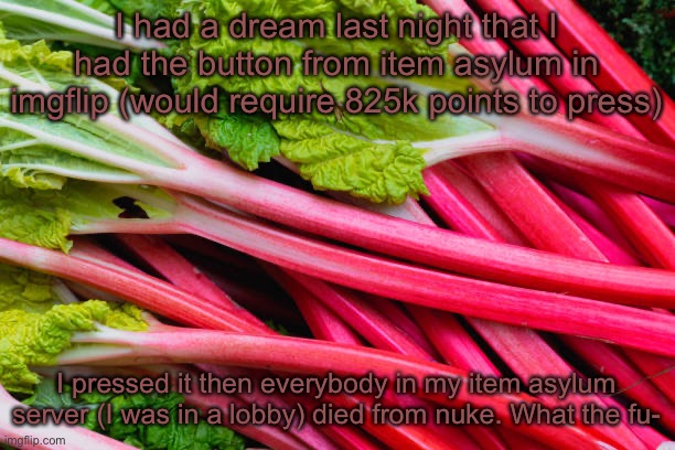 rhubarb | I had a dream last night that I had the button from item asylum in imgflip (would require 825k points to press); I pressed it then everybody in my item asylum server (I was in a lobby) died from nuke. What the fu- | image tagged in rhubarb | made w/ Imgflip meme maker