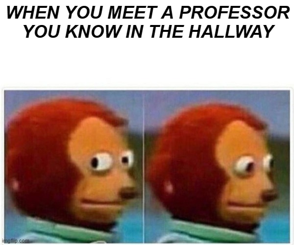 Monkey Puppet Meme | WHEN YOU MEET A PROFESSOR YOU KNOW IN THE HALLWAY | image tagged in memes,monkey puppet | made w/ Imgflip meme maker