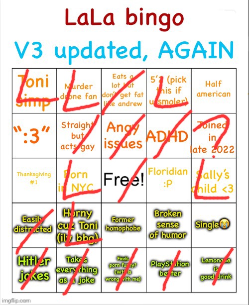 LaLa bingo (V3) | image tagged in lala bingo v3 | made w/ Imgflip meme maker