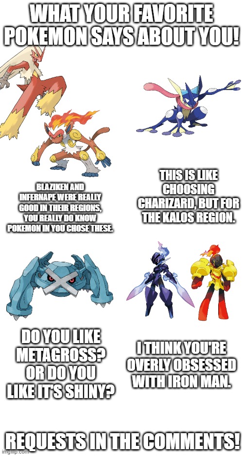 WHAT YOUR FAVORITE POKEMON SAYS ABOUT YOU! THIS IS LIKE CHOOSING CHARIZARD, BUT FOR THE KALOS REGION. BLAZIKEN AND INFERNAPE WERE REALLY GOOD IN THEIR REGIONS, YOU REALLY DO KNOW POKEMON IN YOU CHOSE THESE. DO YOU LIKE METAGROSS? OR DO YOU LIKE IT'S SHINY? I THINK YOU'RE OVERLY OBSESSED WITH IRON MAN. REQUESTS IN THE COMMENTS! | made w/ Imgflip meme maker