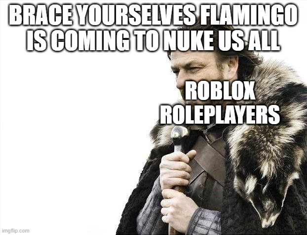 "unleash hell on earth" -flamingo | BRACE YOURSELVES FLAMINGO IS COMING TO NUKE US ALL; ROBLOX ROLEPLAYERS | image tagged in memes,brace yourselves x is coming | made w/ Imgflip meme maker