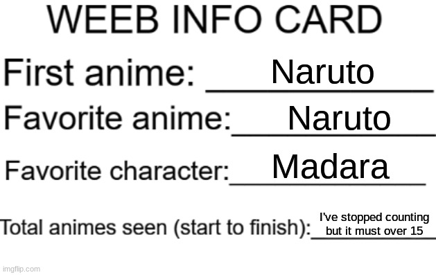 My weeb info card | Naruto; Naruto; Madara; I've stopped counting but it must over 15 | image tagged in weeb info card | made w/ Imgflip meme maker