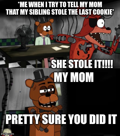 Hes The Night Guard | *ME WHEN I TRY TO TELL MY MOM THAT MY SIBLING STOLE THE LAST COOKIE*; SHE STOLE IT!!!! MY MOM; PRETTY SURE YOU DID IT | image tagged in hes the night guard | made w/ Imgflip meme maker