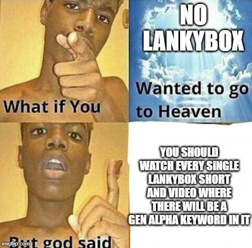 biased again | NO LANKYBOX; YOU SHOULD WATCH EVERY SINGLE LANKYBOX SHORT AND VIDEO WHERE THERE WILL BE A GEN ALPHA KEYWORD IN IT | image tagged in what if you wanted to go to heaven | made w/ Imgflip meme maker