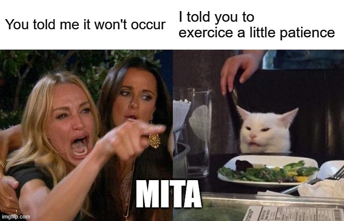 MITA | You told me it won't occur; I told you to exercice a little patience; MITA | image tagged in memes,woman yelling at cat | made w/ Imgflip meme maker
