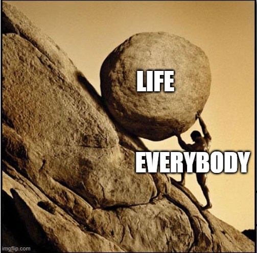 Literally me | LIFE; EVERYBODY | image tagged in sisyphus | made w/ Imgflip meme maker