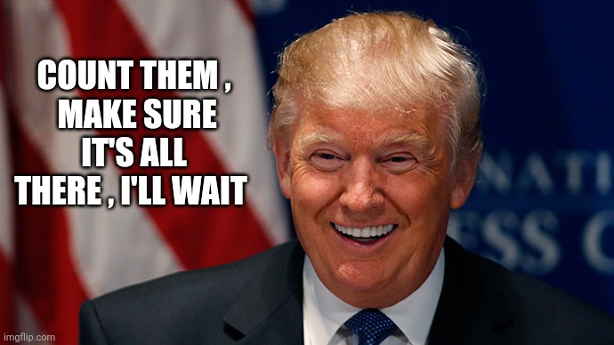 Laughing Donald Trump | COUNT THEM ,
 MAKE SURE IT'S ALL THERE , I'LL WAIT | image tagged in laughing donald trump | made w/ Imgflip meme maker