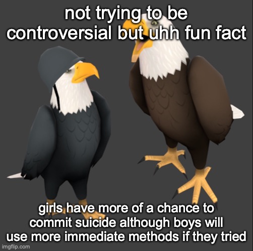 tf2 eagles | not trying to be controversial but uhh fun fact; girls have more of a chance to commit suicide although boys will use more immediate methods if they tried | image tagged in tf2 eagles | made w/ Imgflip meme maker