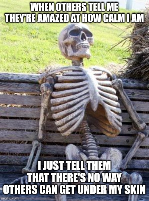 Waiting Skeleton Meme | WHEN OTHERS TELL ME THEY'RE AMAZED AT HOW CALM I AM; I JUST TELL THEM THAT THERE'S NO WAY OTHERS CAN GET UNDER MY SKIN | image tagged in memes,waiting skeleton | made w/ Imgflip meme maker