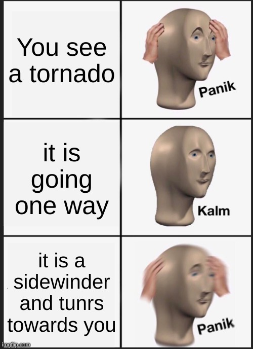 Panik Kalm Panik Meme | You see a tornado it is going one way it is a sidewinder and tunrs towards you | image tagged in memes,panik kalm panik | made w/ Imgflip meme maker