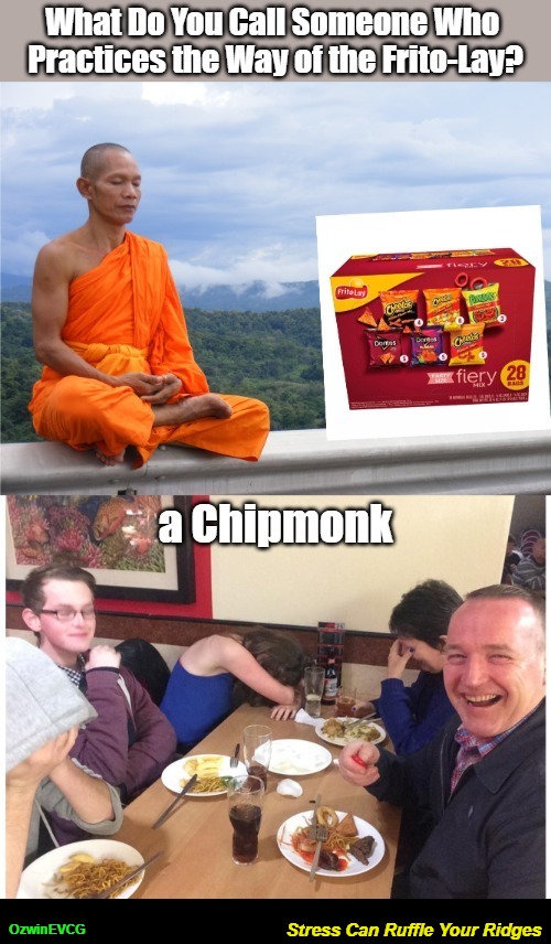 Stress Can Ruffle Your Ridges [NV] | Stress Can Ruffle Your Ridges; OzwinEVCG | image tagged in buddhists,dad jokes,snacks,eyeroll memes,interfaith dialog,alvin | made w/ Imgflip meme maker