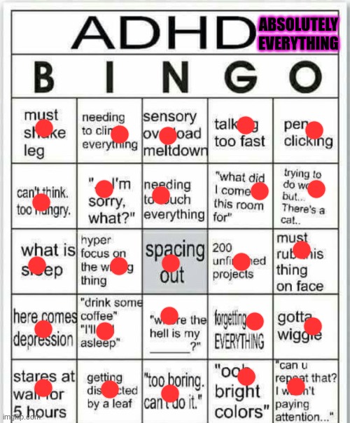 DAMN I GOT ISSUES | ABSOLUTELY EVERYTHING | image tagged in adhd bingo | made w/ Imgflip meme maker