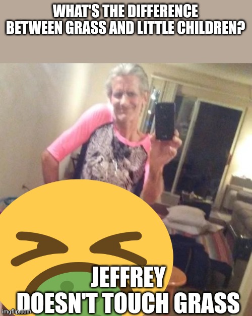 covered the part you don't wanna see | WHAT'S THE DIFFERENCE BETWEEN GRASS AND LITTLE CHILDREN? JEFFREY DOESN'T TOUCH GRASS | image tagged in the hot panties guy jeffrey | made w/ Imgflip meme maker