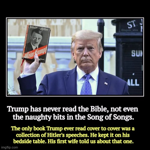 How can Trump sell the Bible if he's never read it? | Trump has never read the Bible, not even 
the naughty bits in the Song of Songs. | The only book Trump ever read cover to cover was a 
colle | image tagged in funny,demotivationals,trump,bible,hitler,free speech | made w/ Imgflip demotivational maker