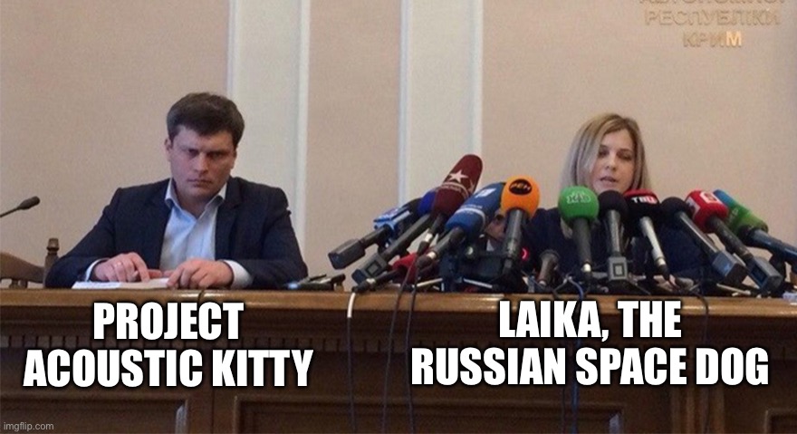 Man and woman microphone | PROJECT ACOUSTIC KITTY; LAIKA, THE RUSSIAN SPACE DOG | image tagged in man and woman microphone,animal meme,funny animal meme,history memes,memes,shitpost | made w/ Imgflip meme maker