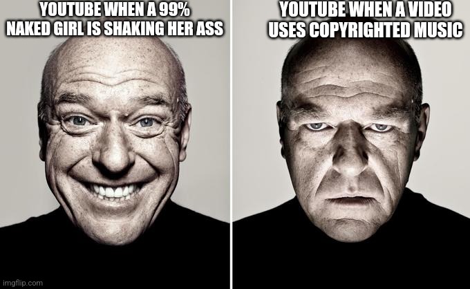 Happy Mad | YOUTUBE WHEN A 99% NAKED GIRL IS SHAKING HER ASS; YOUTUBE WHEN A VIDEO USES COPYRIGHTED MUSIC | image tagged in happy mad | made w/ Imgflip meme maker