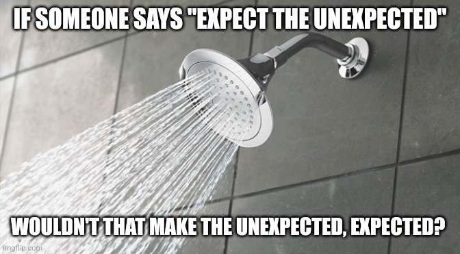 Shower Thoughts | IF SOMEONE SAYS "EXPECT THE UNEXPECTED"; WOULDN'T THAT MAKE THE UNEXPECTED, EXPECTED? | image tagged in shower thoughts | made w/ Imgflip meme maker