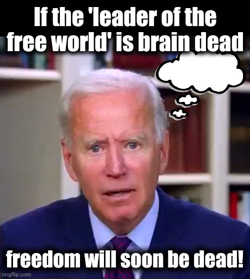 If left unchecked, the looney-left liberal elite will destroy this country, and western civilization | If the 'leader of the free world' is brain dead; freedom will soon be dead! | image tagged in slow joe biden dementia face,memes,democrats,freedom | made w/ Imgflip meme maker