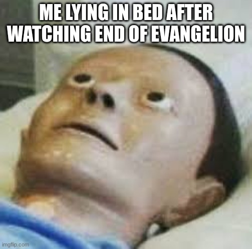 Traumatized Mannequin | ME LYING IN BED AFTER WATCHING END OF EVANGELION | image tagged in traumatized mannequin,neon genesis evangelion,trauma | made w/ Imgflip meme maker