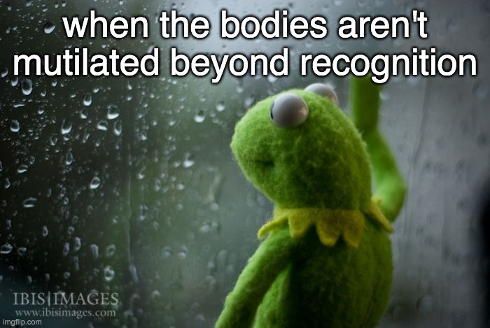 luhliyfucukgcnyctutvimuhoni;knkhv | when the bodies aren't mutilated beyond recognition | image tagged in kermit window | made w/ Imgflip meme maker