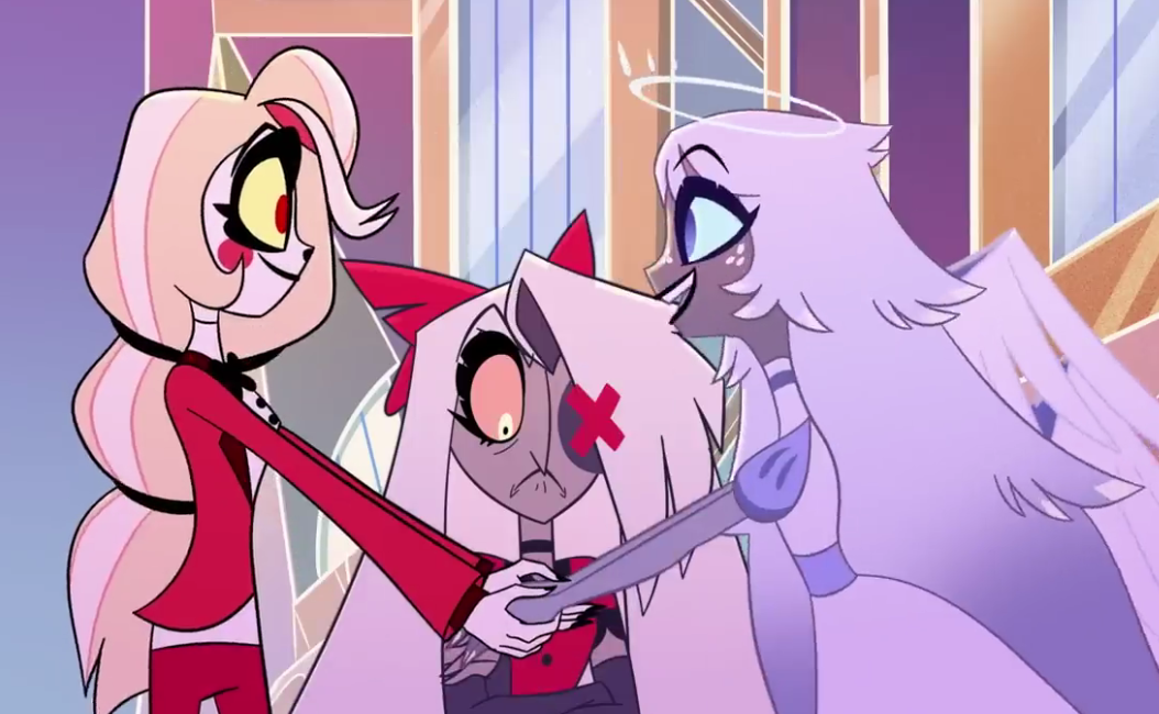 vaggie angrly looking at charlie & Emily holding hands Blank Meme Template