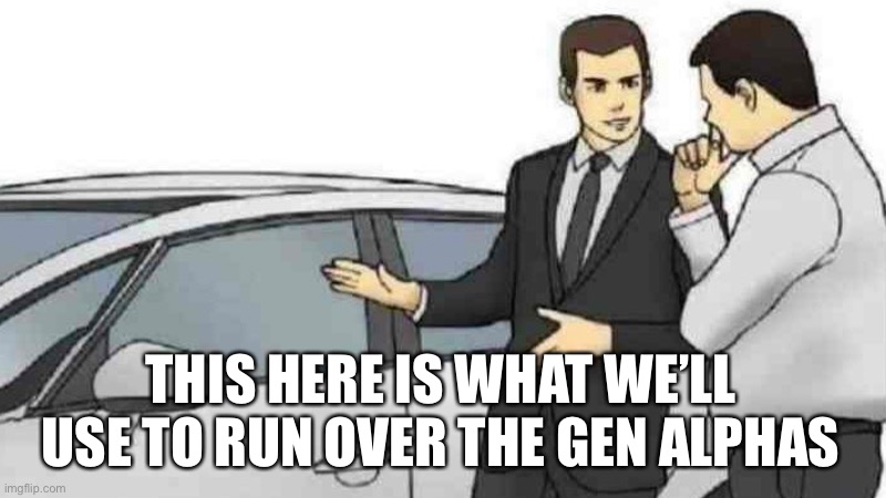 This is what we will use | THIS HERE IS WHAT WE’LL USE TO RUN OVER THE GEN ALPHAS | image tagged in memes,car salesman slaps roof of car | made w/ Imgflip meme maker