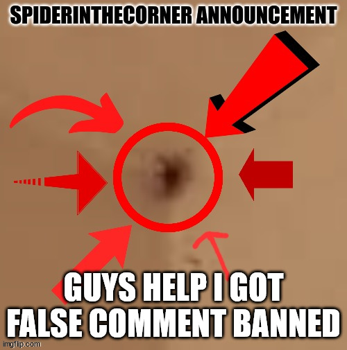 spiderinthecorner announcement | GUYS HELP I GOT FALSE COMMENT BANNED | image tagged in spiderinthecorner announcement | made w/ Imgflip meme maker