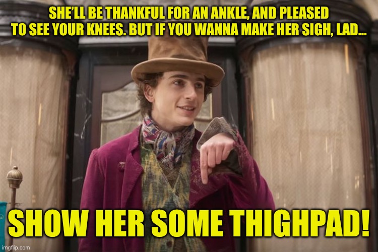 Thighpad | SHE’LL BE THANKFUL FOR AN ANKLE, AND PLEASED TO SEE YOUR KNEES. BUT IF YOU WANNA MAKE HER SIGH, LAD…; SHOW HER SOME THIGHPAD! | image tagged in willy wonka,dune | made w/ Imgflip meme maker
