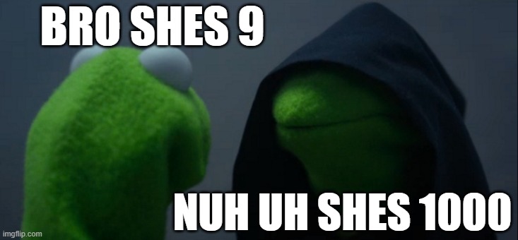 Evil Kermit | BRO SHES 9; NUH UH SHES 1000 | image tagged in memes,evil kermit | made w/ Imgflip meme maker