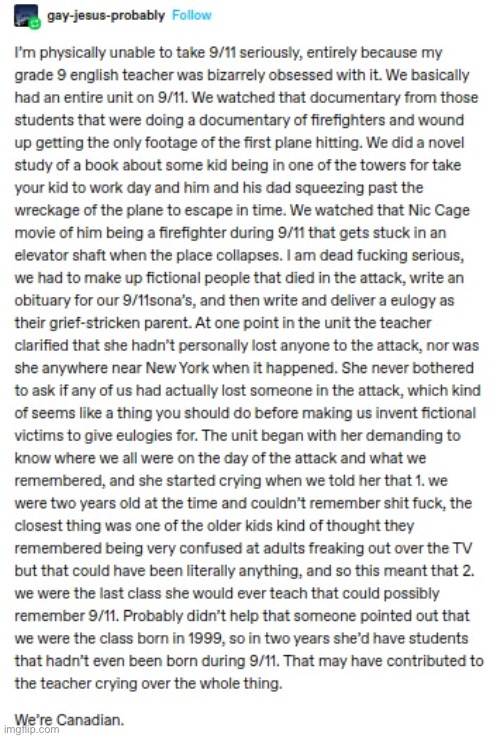 behold, my new favorite tumblr post. “9/11sonas” is not a word i thought i would EVER read but here i am | made w/ Imgflip meme maker